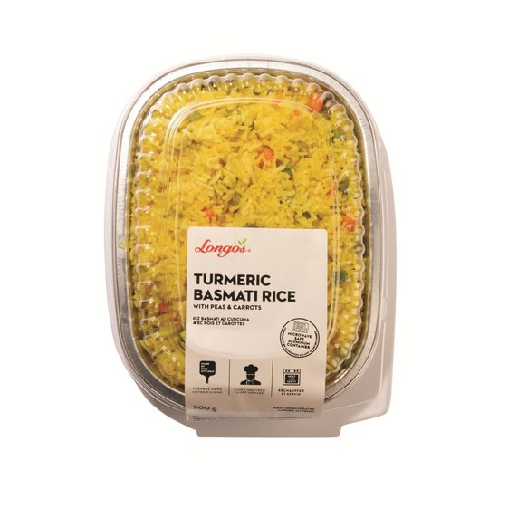 Longo’s turmeric basmati rice with peas and carrots in a ready-to-heat prepared side dish container.